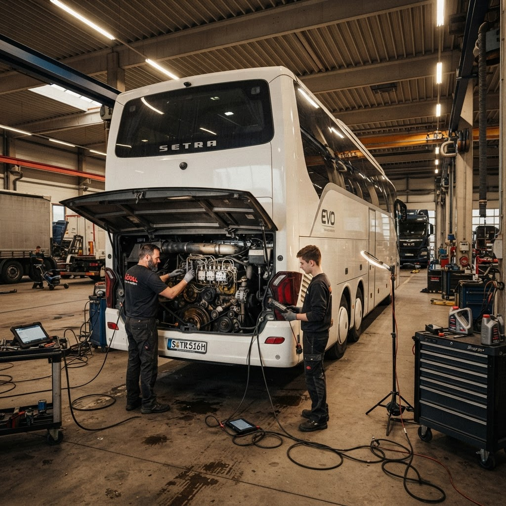 Setra S516 TopClass coach in diesel service during injection system inspection
