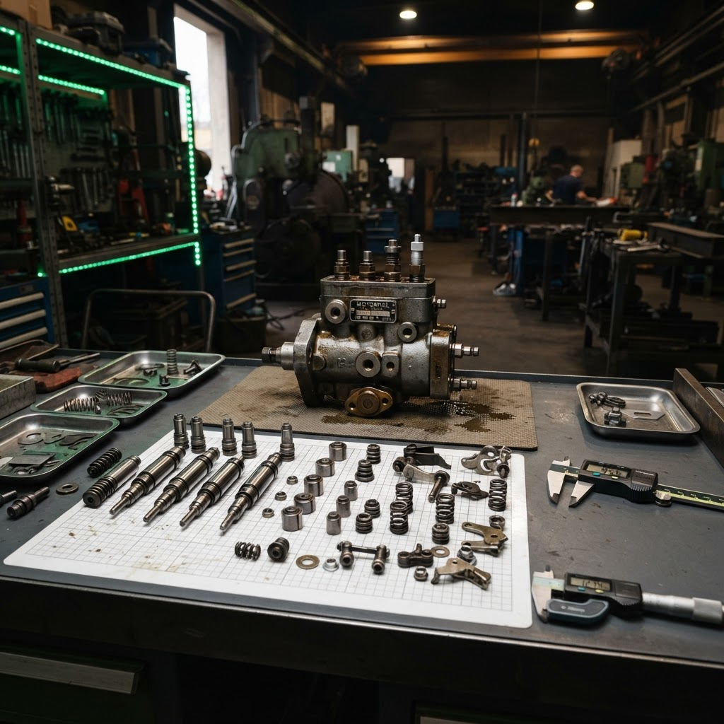 Disassembled Motorpal PV8A pump mechanism - pistons, cylinder, discharge valves and speed regulator on the service table