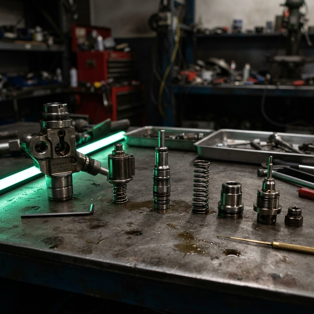 Disassembled Delphi E3 unit injector on the service table - piston, needle, control valve