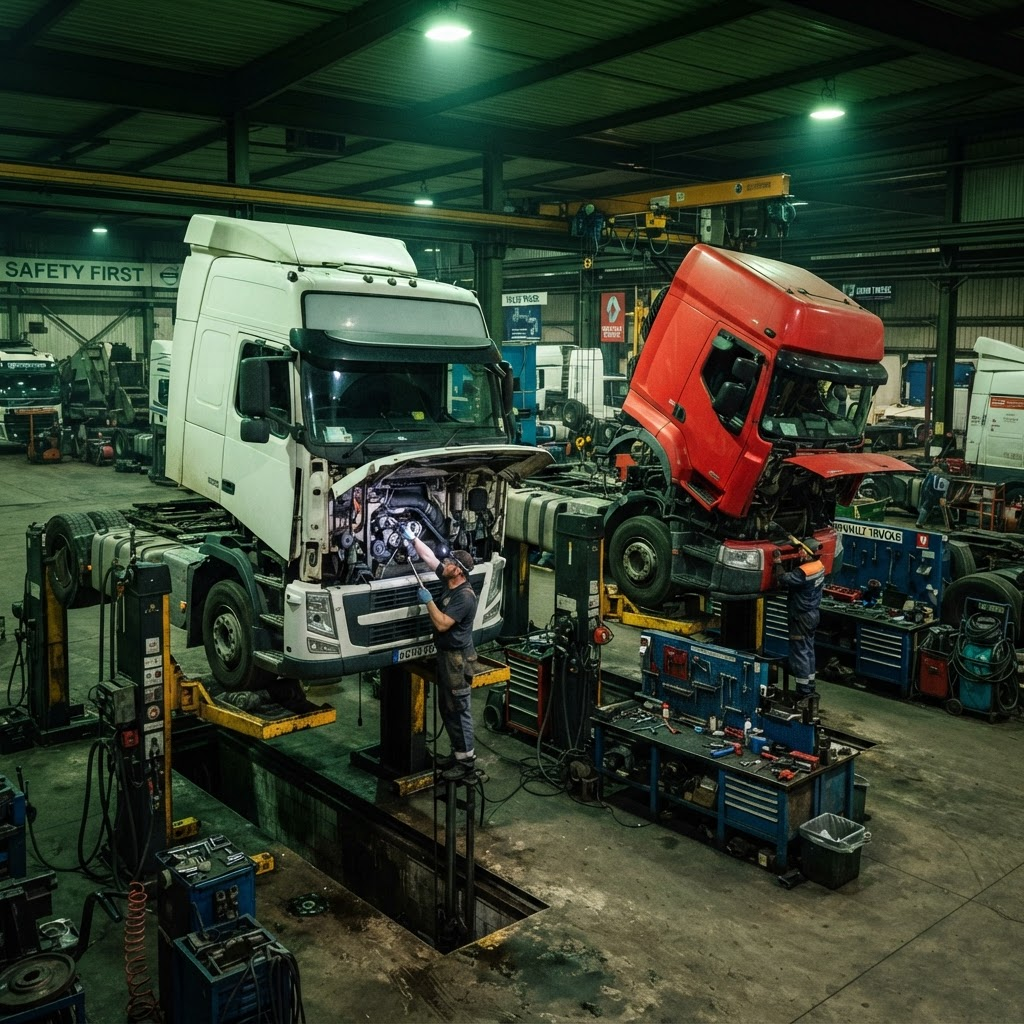Volvo FH and Renault Premium truck in diesel service during injection system diagnosis